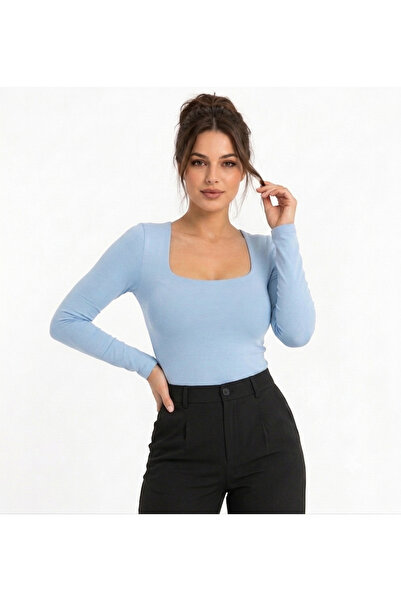 Genel Markalar Kadın Bebe Mavi Kare Yaka Uzun Kollu Slim Fit Pamuklu Ultra So...