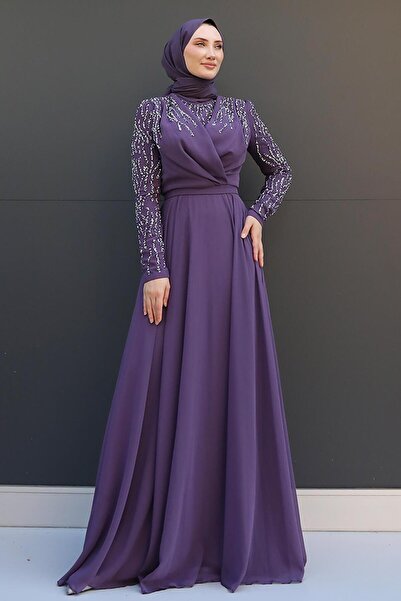 GİZ AGİYİM Vela Tesettür Chiffon Evening Dress Dark Lilac