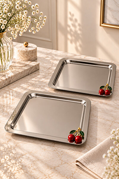 YzHome 2 Kişilik Metal Kare Kirazlı Kiraz Sunum Servis Tepsisi Tepsi 22cm