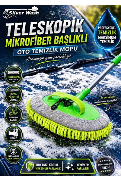 Silver Wash Teleskopik Oto Temizlik Mopu / Mikrofiber Başlıklı, Çizmez Yüzey,...