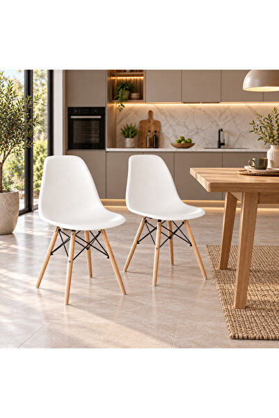 Woodesk Luna Ağaç Ayaklı 2 Adet Beyaz Eames Sandalye Snd3007-2byz