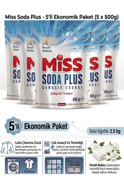 Miss Soda Plus Optik Etkili El ve Matik Çamaşır Sodası 500 Gr 5 Adet