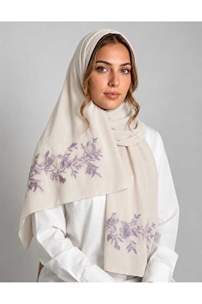 Veil Designer طرحه بوال اوف وايت طبقتين بتطريز علي الطرفين اغصان الورد بالوان...
