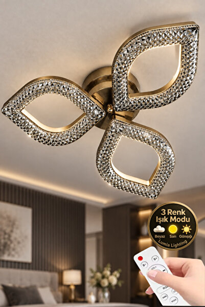 Elora Home Yaprak Model eskitme 3"lü Ledli 3 Renk Modu Kristal Salon Mutfak Y...