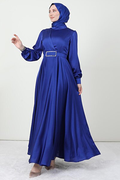 Giza Giyim Pleated Front Hijab Evening Dress Night Blue