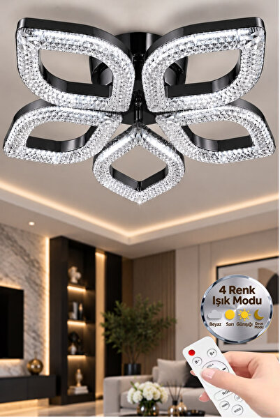 Elora Home Yaprak Model Siyah 5"li Ledli 3 Renk Modu Kristal Salon Mutfak Yat...