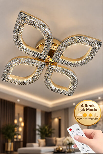 Elora Home Yaprak Model Gold 4"lü Ledli 3 Renk Modu Kristal Salon Mutfak Yata...