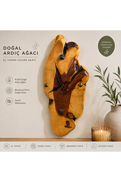 HG WoodArt Doğal Ardıç Ağacı El Yapımı Duvar Saati – Benzersiz Form – Dekorat...