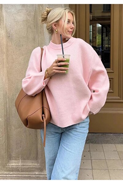 Pembe bisiklet yaka oversize triko Kazak