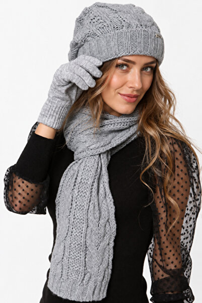 sema aksesuar Σετ γάντια χειμωνιάτικο κασκόλ Beanie - Γκρι - Δώρο του Αγίου Β...