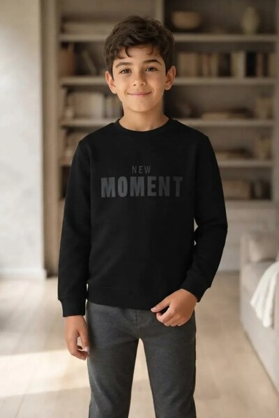Genel Markalar Erkek Çocuk Siyah Baskılı Moment Sweatshirt Kışlık Rahat Kesim