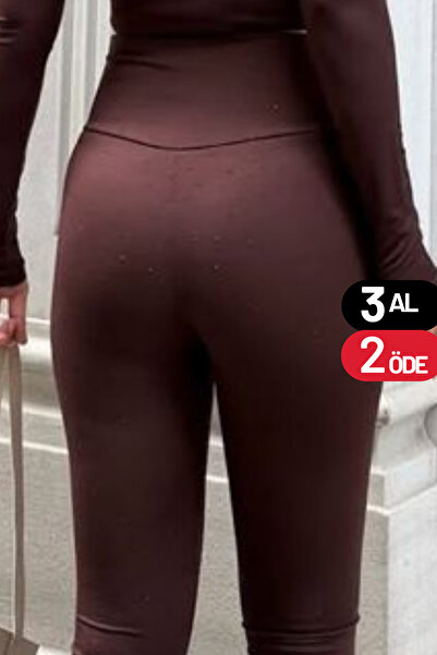 noov Kadın Yüksek Bel Push Up Toparlayıcı Taş Detaylı Belize Tayt 6008 Kahver...