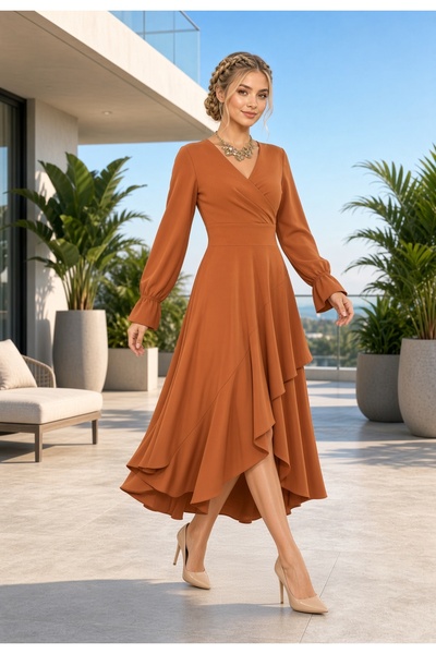 FaBe Fashion Kruvaze Yaka Dirsek Kollu Eteği Asimetrik Ve Volanlı Midi Likra ...