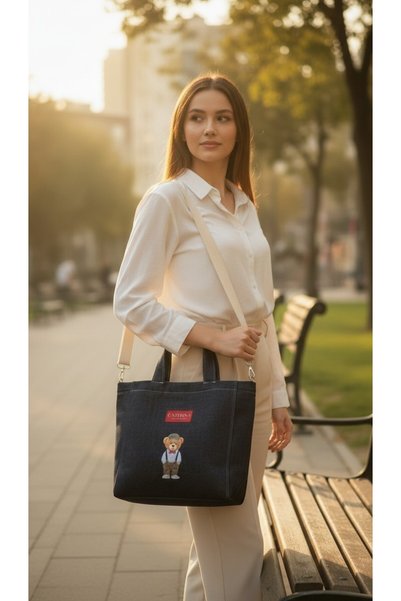 Caterina Collection Bear Printed Jeans Navy Blue Hand and Shoulder Bag