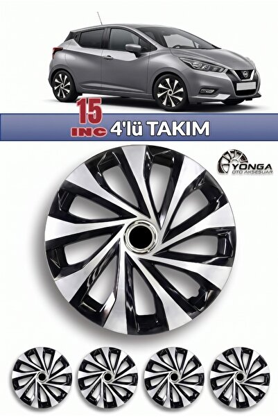 YONGA OTO AKSESUAR NİSSAN MICRA 15 İnç Jant Kapağı 4'lü Set Gümüş Siyah + 4 A...