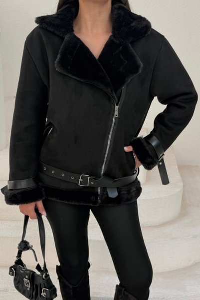 msm fashion Women's Fur-Lined Black Short Biker Leather Jacket Coat