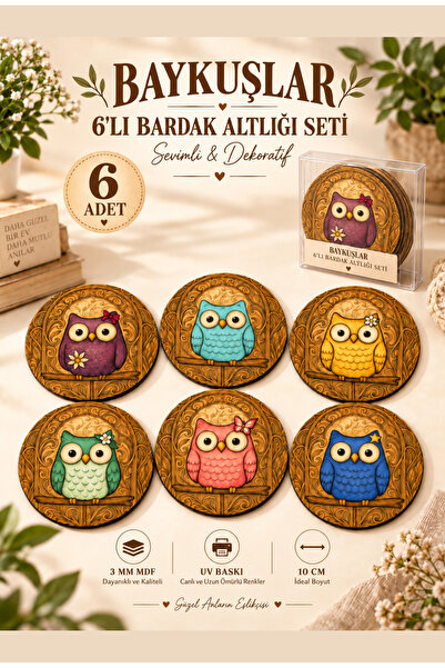 NCPUZZLES Cute Owls Set of 6 Wooden Mdf Coasters – 10 Cm, Owl Series
