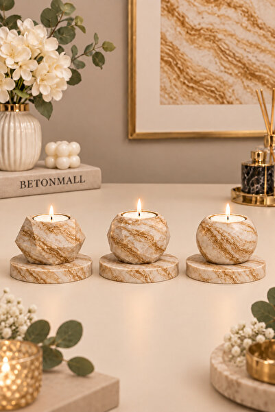 betonmall 6 Parça Mumluk Seti Beton Tepsili 3'lü Tealight Mumluk Takımı