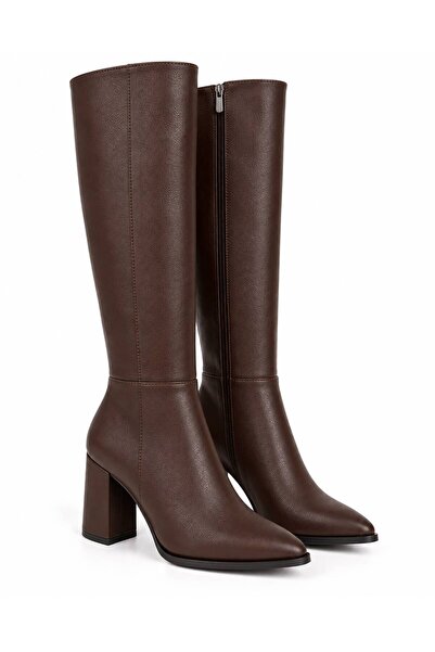RoseVeno Pointed Toe Thick Heeled Side Zipper Below the Knee Women's Brown Leather Boots