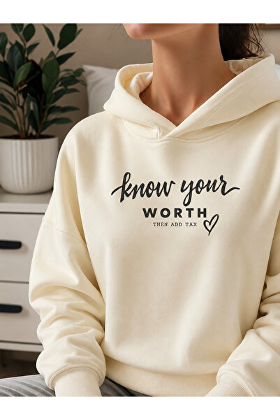 MARKATEM Women's Men's Unisex Oversize Hooded Sweatshirt Know Your Worth Prin...