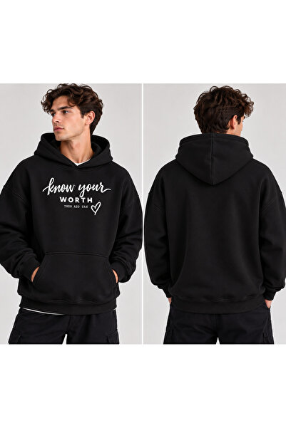 MARKATEM Women's Men's Unisex Oversize Hooded Sweatshirt Know Your Worth Prin...