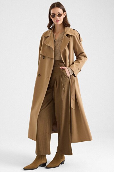 Olcay Oversized Water-Repellent Trench Coat with Cape and Epaulet Detail Kame...