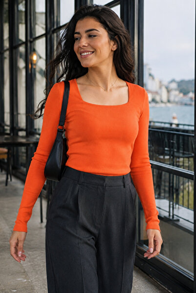 armonika Women's Orange Square Collar Lycra Knitwear Blouse Arm-26K069002