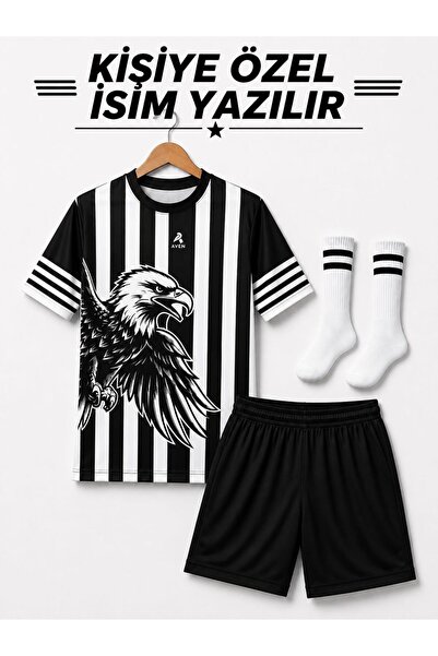 yenteks İsim Yazılır Kartal Desen Siyah-beyaz Siyah Şort Çocuk Futbol Forması...