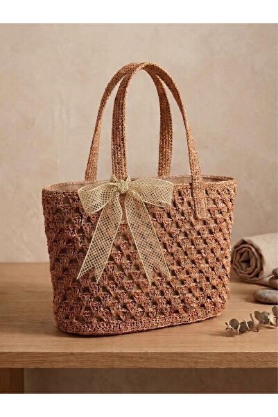 Atherz Women's Natural Hand-Knitted Paper String Bow Detailed Lined Shoulder ...