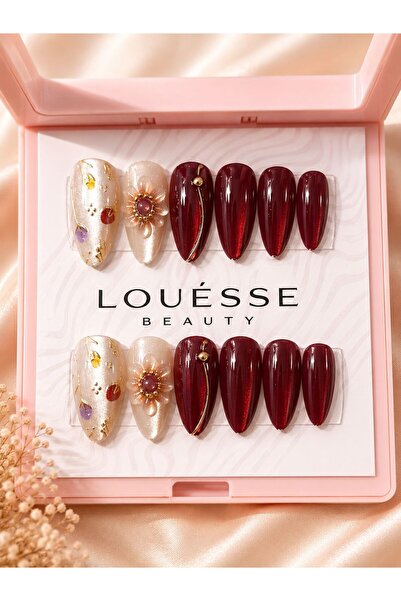 Louesse Beauty El Yapımı Jel Takma Tırnak Bordo 3D Çiçek ve Gold Detaylı Uzun...