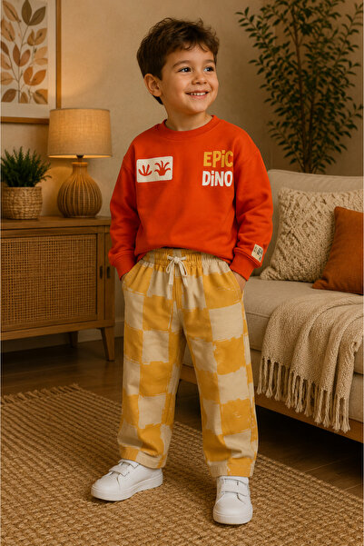 KuzeyKids Boys' Orange Epic Dino Dinosaur Printed Sweatshirt Mustard Plaid Pa...