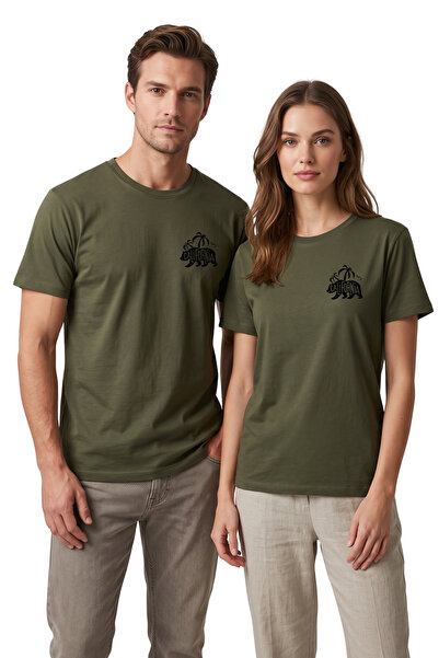 DK DAKSEL California Bear Printed Khaki T-Shirt 100% Cotton Comfortable Fit