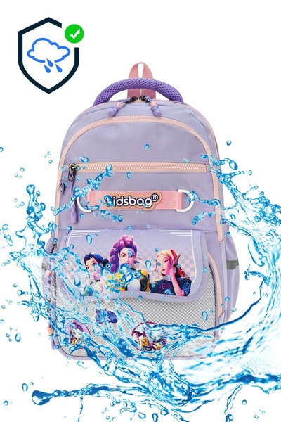 hediyeconcepti Kidsbag Kız Çocuk 3'lü Okul Çantası Seti Mor Pembe Desenli Sırt Çantası Beslenme Kalemlik Seti
