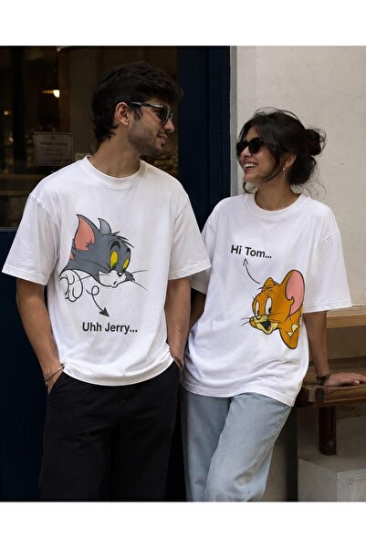 LELVANİ Unisex Uhh Jerry-Hi̇ Tom Text Printed Crewneck Double T-Shirt
