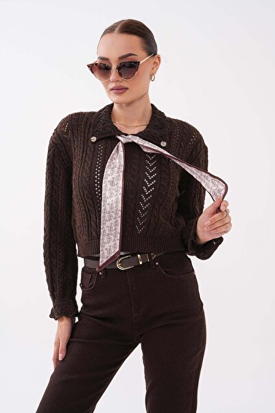 DazzUp Women's Polo Collar Scarf Detailed Knitwear