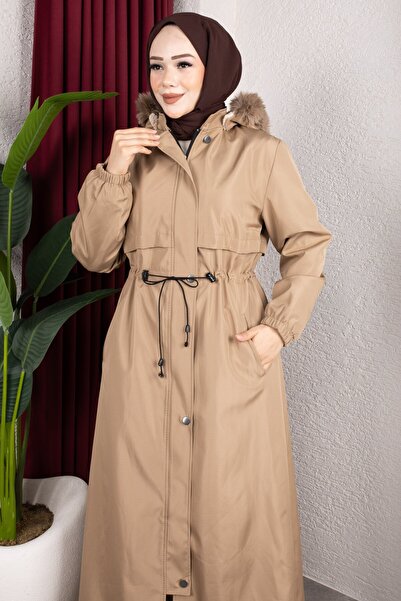 Rabia Zülal Removable Hooded Welsoft Lined Long Women's Coat - Mink