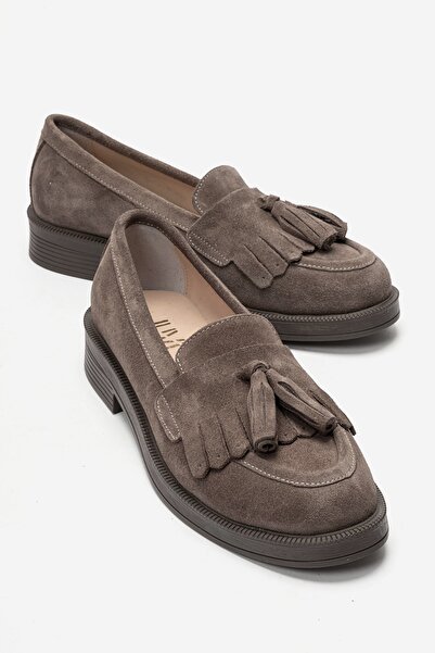 LuviShoes MİLİNA Vizon Süet Püsküllü Hakiki Deri Kadın Loafer Ayakkabı