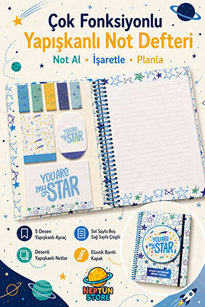 neptünstore Yıldız Desenli Çok Fonksiyonlu Yapışkanlı Defter A5 – Postitli, A...