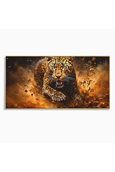 Luxcanva Tablou Canvas Leopard In Actiune 140x70 cm cu Rama Auriu Leopard Act...
