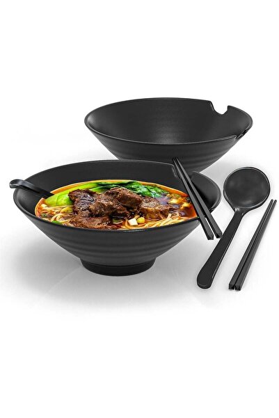 Noonedibs Set 6 Bucăți Cestițe de Ramen 1000ml cu Bețișoare și Lingură, Negru...