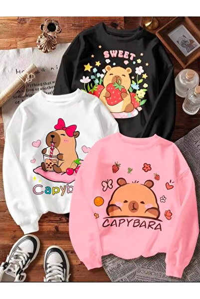 LOUİSA Girl's 3-Pack Sweet Strawberry Capybara Printed Crew Neck Sweatshirt (...