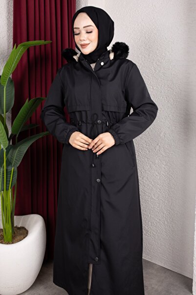 Rabia Zülal Removable Hooded Welsoft Lined Long Women's Coat - Black