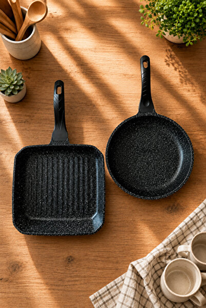 Eda 2’li Granit Tava Seti 26 cm Yuvarlak Tava + Kare Grill Tava