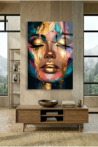 TAULART PORTRET DE FEMEIE CU DETALII AURII, TABLOU PE STICLA, DECOR DE ARTA M...