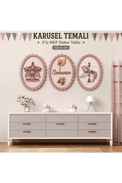 Kutup Yıldızı Tasarım Atölyesi Kişiye Özel İsimli Karusel Temalı 3'lü Ahşap M...
