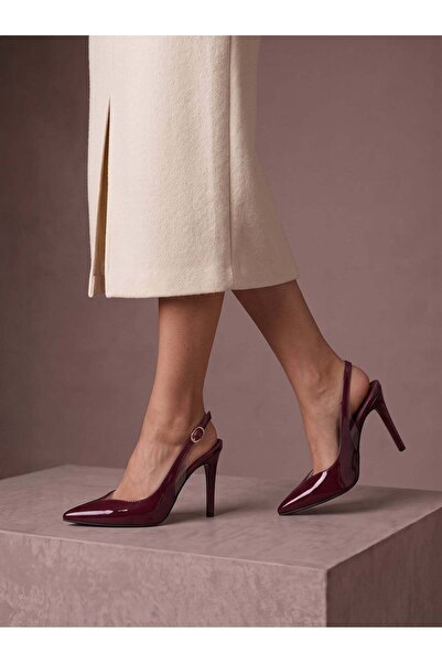 Güllü Shoes Bordo Rugan Şeffaf Detaylı Slingback Stiletto Sivri Burun Altın T...