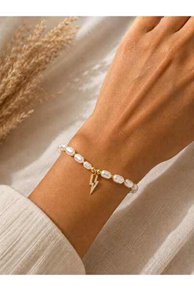 Beatis Baroque Pearl Beaded Minimal Zircon Stone Lightning Detailed Gold Wome...