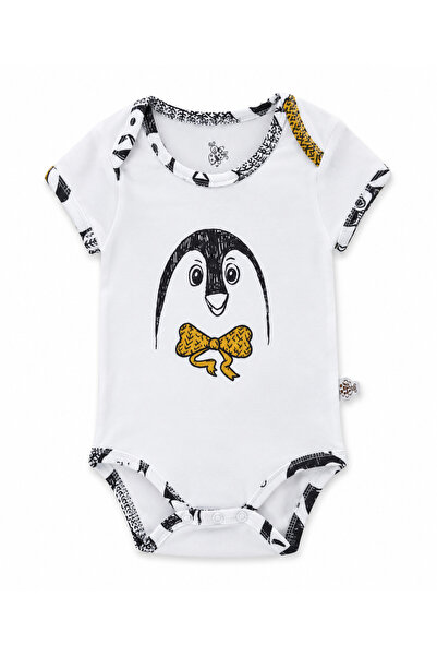 Ecocotton Pingu Bebek Zıbın Kısa Kollu %100 Organik Pamuk Penye Baskılı Beyaz...