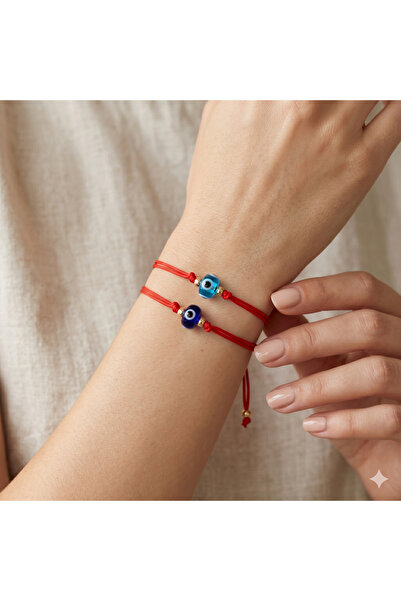 Stanbula Blue and Navy Blue Glass Evil Eye Bead Red String Double Set Adjusta...