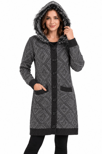 onymino Women's Plush Hooded Patterned Knitted Cardigan Gray / Dark Gray